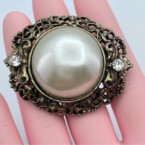 Vintage Domed Cobachon Faux Pearl & Rhinestone Brooch,Ornate Gold Filigree,1.75”